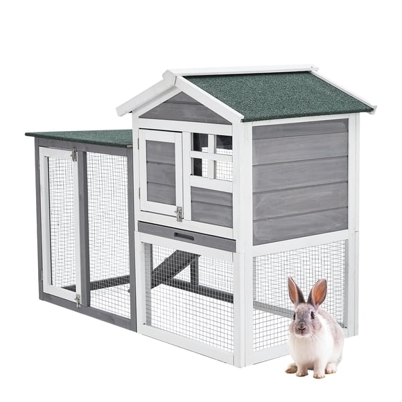 GloryStar Spacious Wooden Rabbit Cage, 2-Tier Hutch with Leak-Proof Tray, Weatherproof Construction, Lockable Doors and Wire Fence for Indoor or Outdoor Small Animal Housing