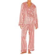 GDREDA Pyjamas Femme Women 2 Piece Pajamas Set Striped Printed Long Sleeve Button Down Shirt And Pants Sleepwear Women Pajama Sets pyjamas Red,M