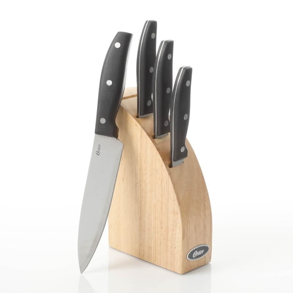 Ensemble de couverts 5 pièces Oster Granger avec bloc en bois naturel demi-lune, pleine soie avec triple rivets