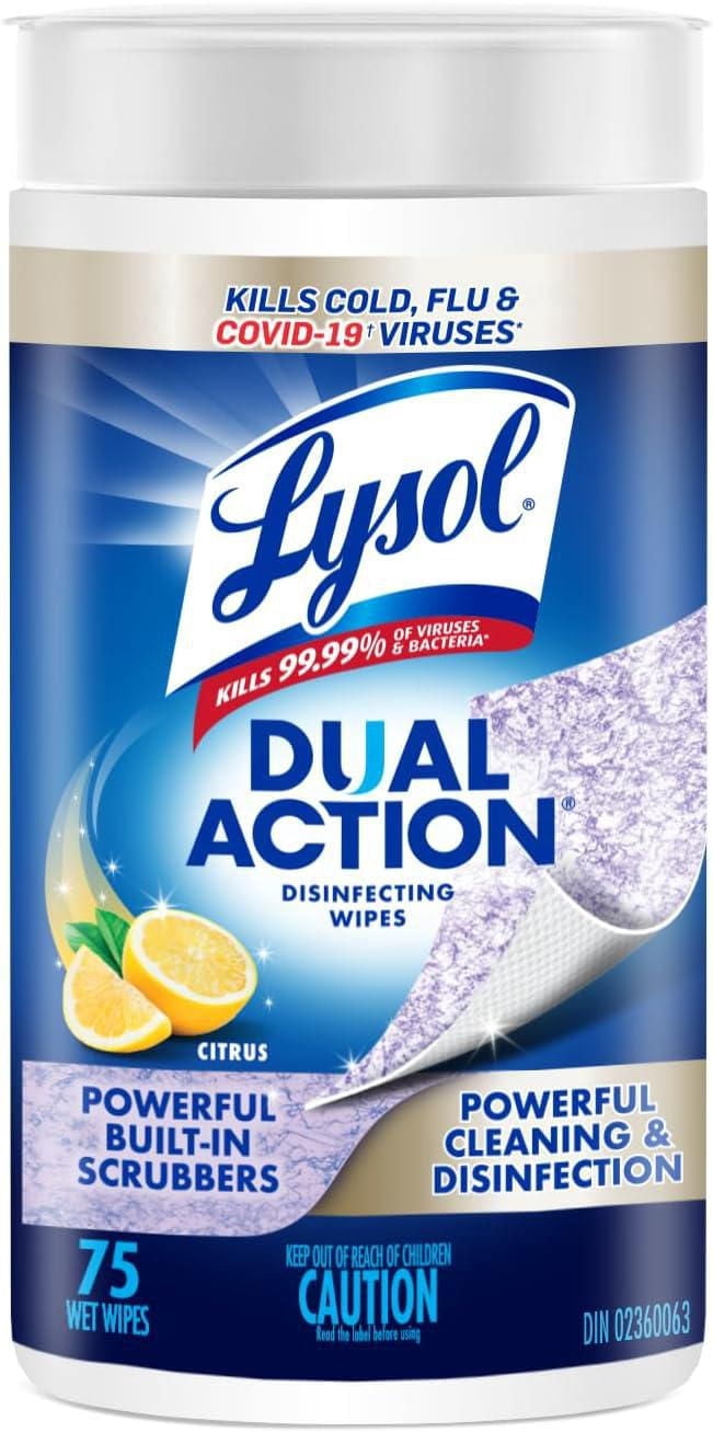 Lingettes désinfectantes Lysol® - Action double, avec grattoirs intégrés, parfum agrumes, 75 lingettes