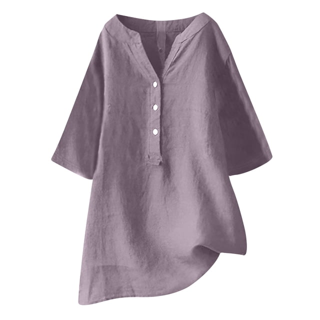 AherBiu Plus Size Tops for Women Cotton Linen Half Button Notch V Neck Oversized Summer Tops Shirt Blouse
