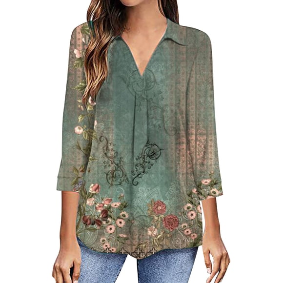 RKSTN Women's Casual Boho Floral Print V Neck Long Sleeve Autumn Floral Printing Tops Loose Blouses Shirts