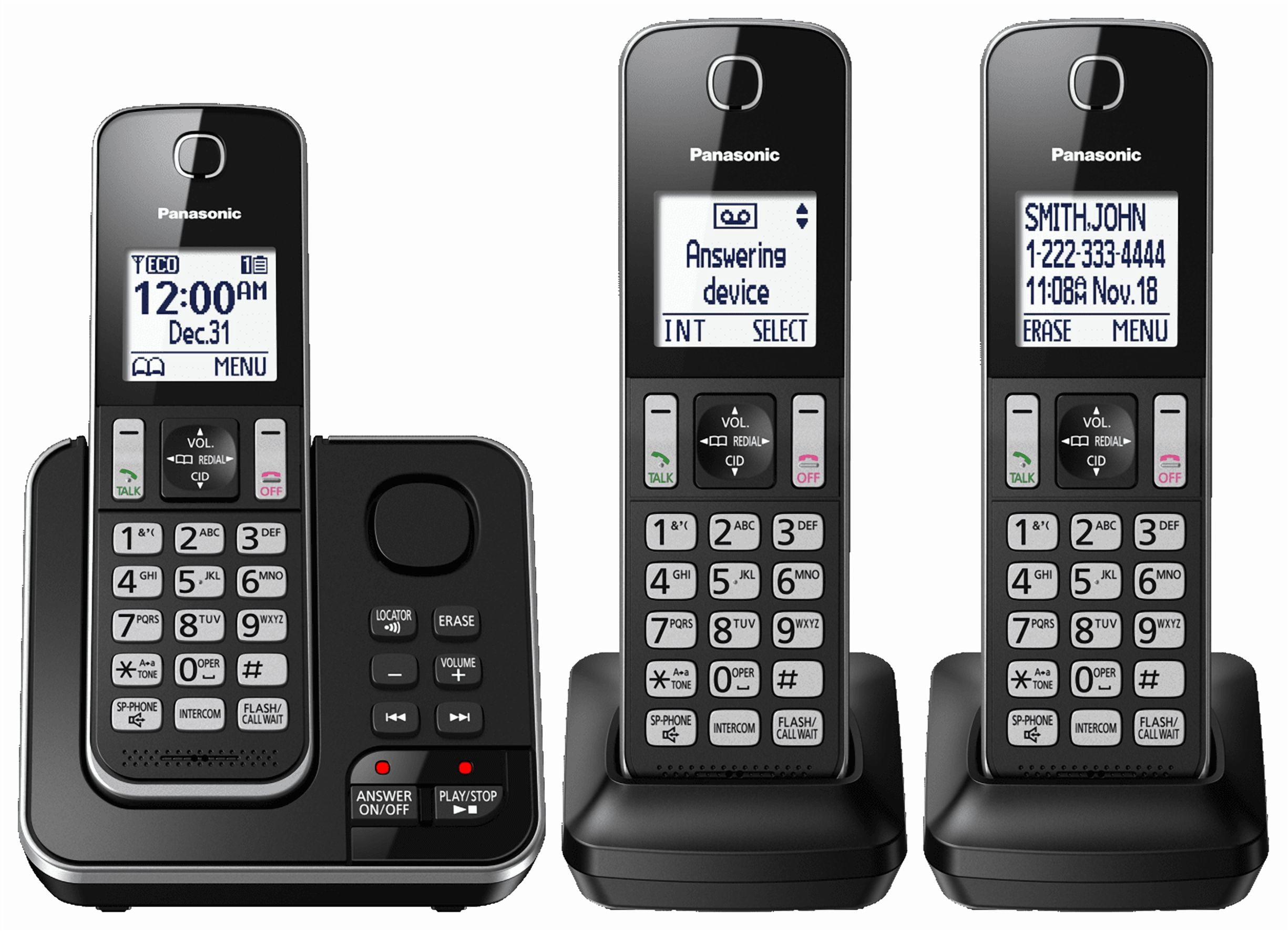 Panasonic KXTGD393B DECT 6.0 3-Handset Cordless Phone with Answering Machine, Black