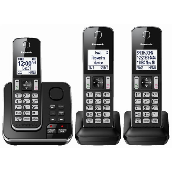 Panasonic KXTGD393B DECT 6.0 3-Handset Cordless Phone with Answering Machine, Black