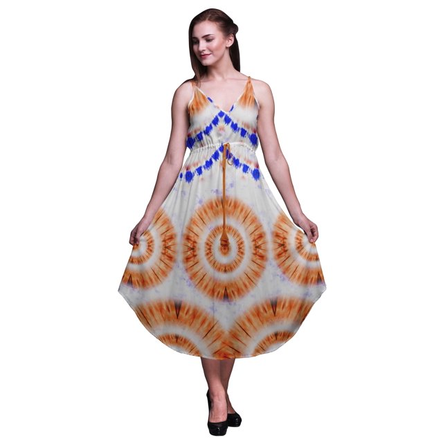 Bimba Robe Midi Imprimée Teinture sur Nœuds pour Femmes, Bretelles Spaghetti, Tenue de Plage, Taille TTG
