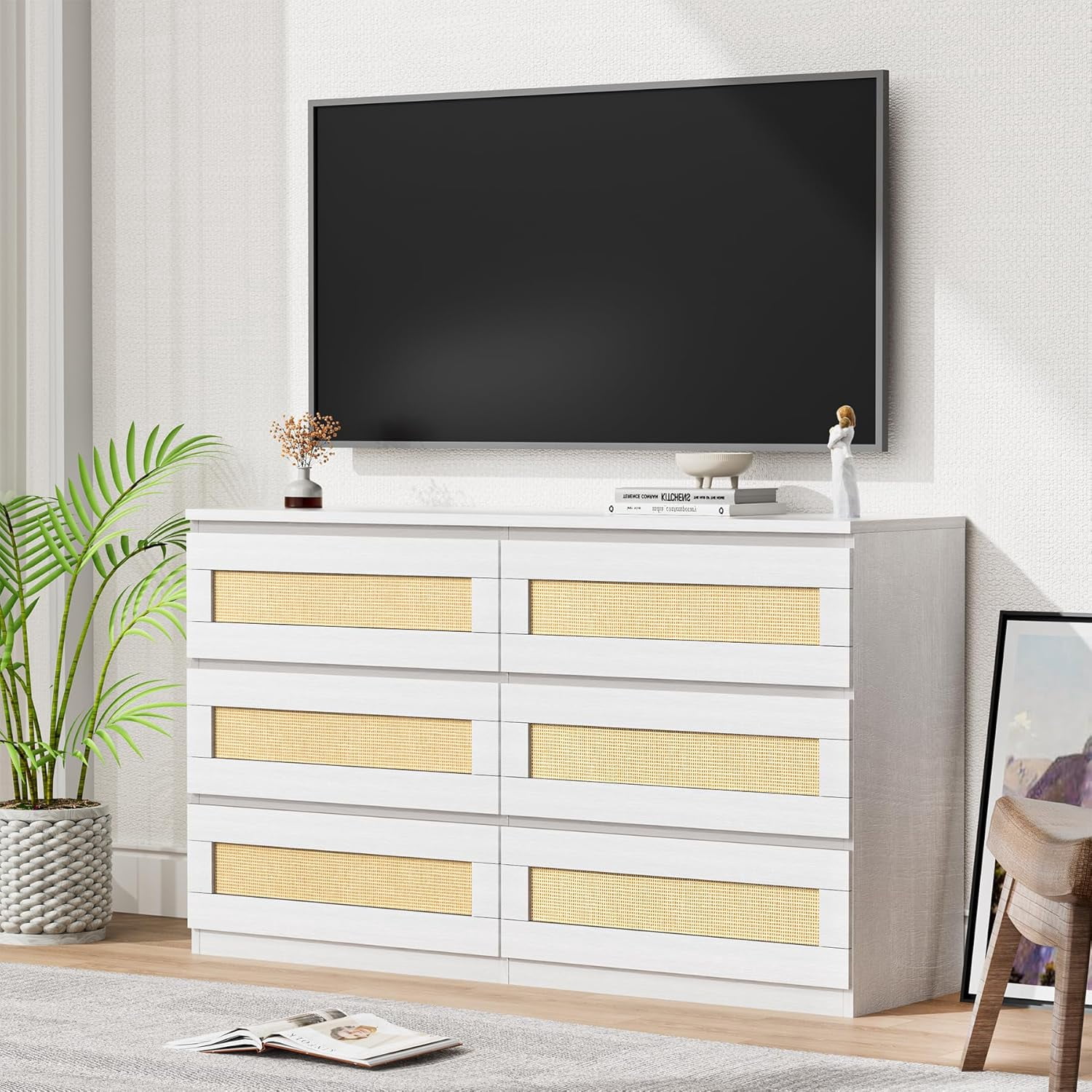 Rattan Dresser for Bedroom, Modern 6 Drawer Double Dresser with Anti-Tip Kit, Wood Storage Wide Chest of Drawers for Bedroom, Living Room, Hallway,White