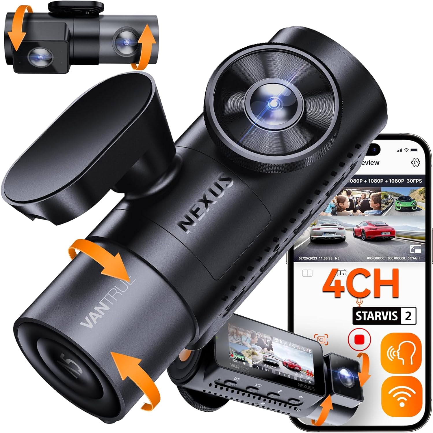 Vantrue N5 4 Channel WiFi 360° All Sides Dash Cam, STARVIS 2, 2.7K Front and Triple 1080P Recording, IR Night Vision, Voice Control, GPS, 24 Hour Buffered Parking Mode, Supports up to 512GB, Black