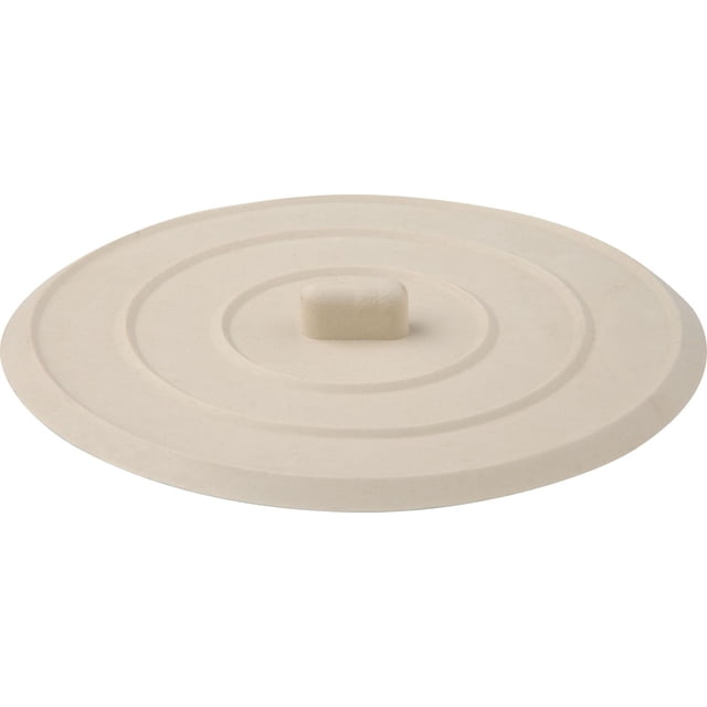 Peerless 4-In Basin Stopper in White, a round rubber sink stopper with concentric raised rings and a central rectangular grip, designed to fit most sink and bathtub drains for bathroom faucet repairs and renovations, also suitable as a temporary seal for laundry tubs.