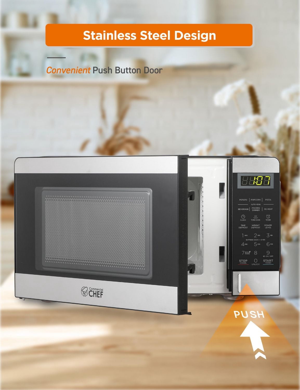 COMMERCIAL CHEF Micro-ondes de 0,7 pied cube avec 10 niveaux de puissance, petit micro-ondes avec bouton poussoir, micro-ondes de comptoir 700 W jusqu'à 99 minutes, minuterie et affichage numérique, a