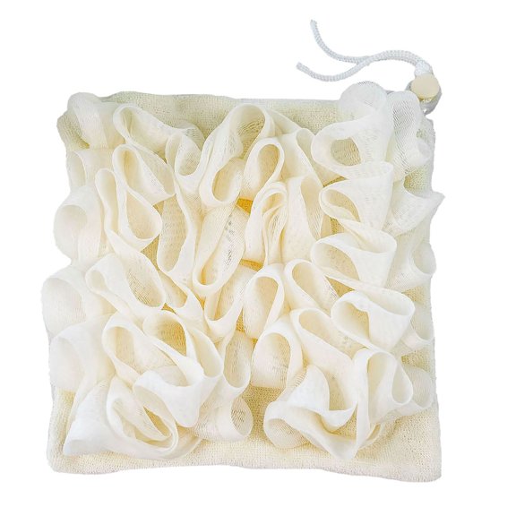Bathroom Shower Loofah with Drawstring Soap Holder and Maker Soft Scrubbing Sponge for Rich and Back Cleaning Bathroom Accessory for Daily Skin Care