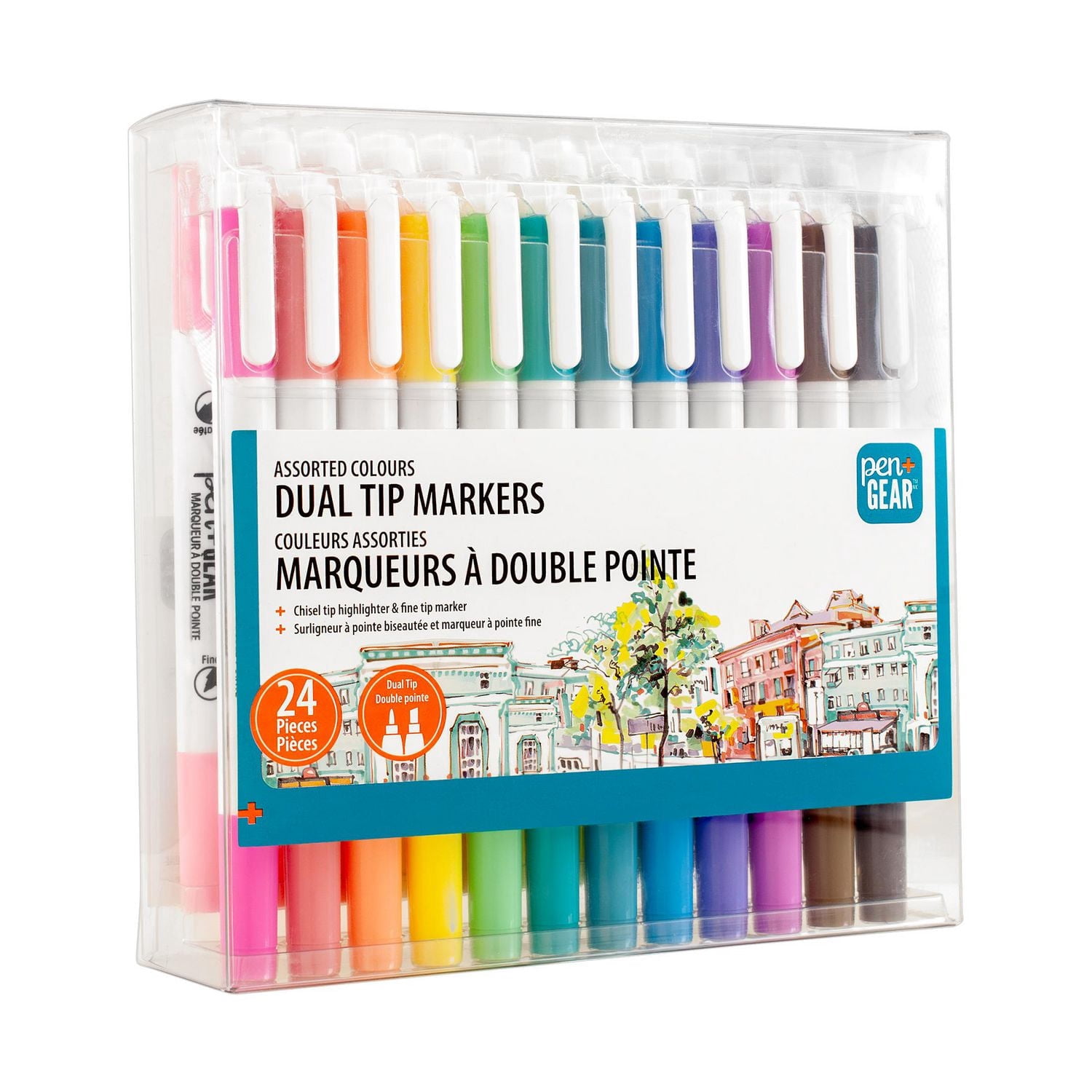 Pen+Gear Fine & Chisel Dual-Tip Markers, Assorted Ink Colors, 24 Count