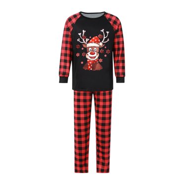 Wangsaura Pyjamas Assortis pour la Famille, Hauts de Renne Dessin Animé + Pantalons à Carreaux