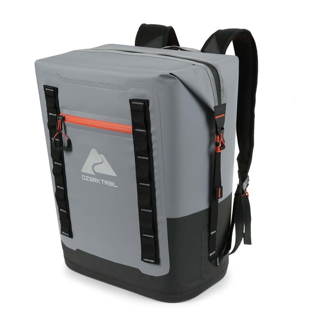 24 Can Wide Mouth Backpack Cooler in grey and black with orange zipper, featuring welded waterproof exterior resistant to punctures and UV rays, padded back panel, adjustable ergonomic shoulder straps, and front water-repellent zippered pocket with Ozark Trail logo, ideal for camping and outdoor activities.