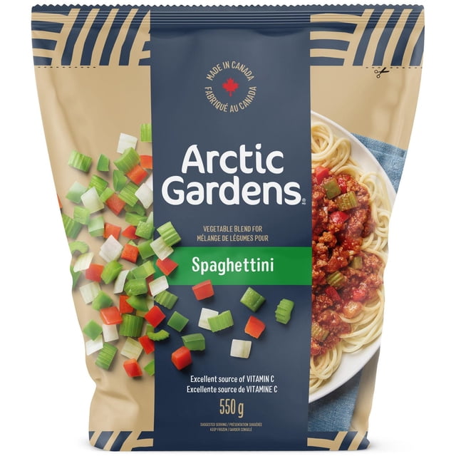 Arctic Gardens Mélange pour Spaghettinis 550 g Sac Contenant un Mélange de Légumes Surgelés de Céleri en dés, de Poivrons Rouges et d'Oignons pour Pâtes Spaghettinis, avec Emballage Montrant une Assiette de Spaghettinis Nappée de sauce à la Viande et de Légumes, Fabriqué au Canada et une Excellente source de Vitamine C, Convient Aussi pour Rehausser d'Autres Plats de Pâtes.