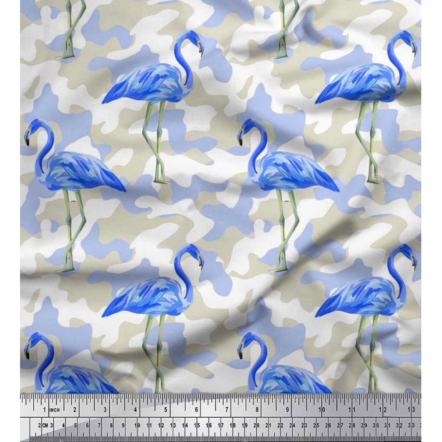 Soimoi Polyester Crepe Fabric Camouflage Texture & Flamingo Bird Printed Fabric 1 Yard 52 Inch Wide