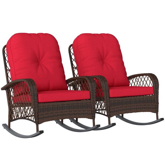 Outsunny 2 Pcs Rattan Rocking Chair with Soft Cushion for Garden, Red