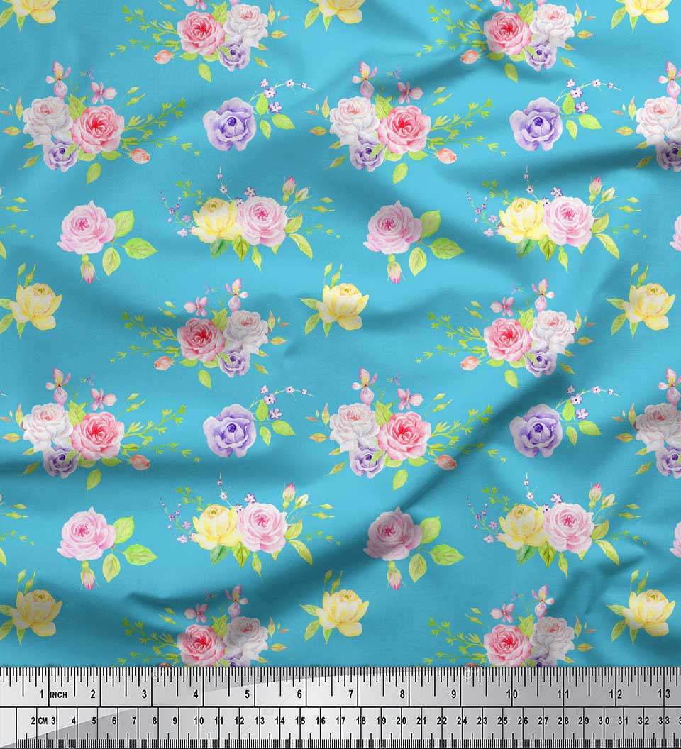Soimoi Blue Viscose Chiffon Fabric Leaves & Grandiflora Roses Floral Decor Fabric Printed Yard 42 Inch Wide