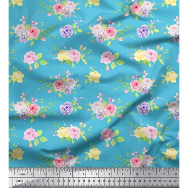 Soimoi Blue Cotton Voile Fabric Leaves & Grandiflora Roses Floral Print Fabric by the Yard 56 Inch Wide