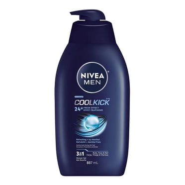 NIVEA Men Cool Kick Gel Douche à Effet Fraîcheur 24H pour Hommes / Nettoyant 3-en-1 pour le Corps, le Visage et les Cheveux / Gel Douche Rafraîchissant au Menthol / Testé Dermatologiquement