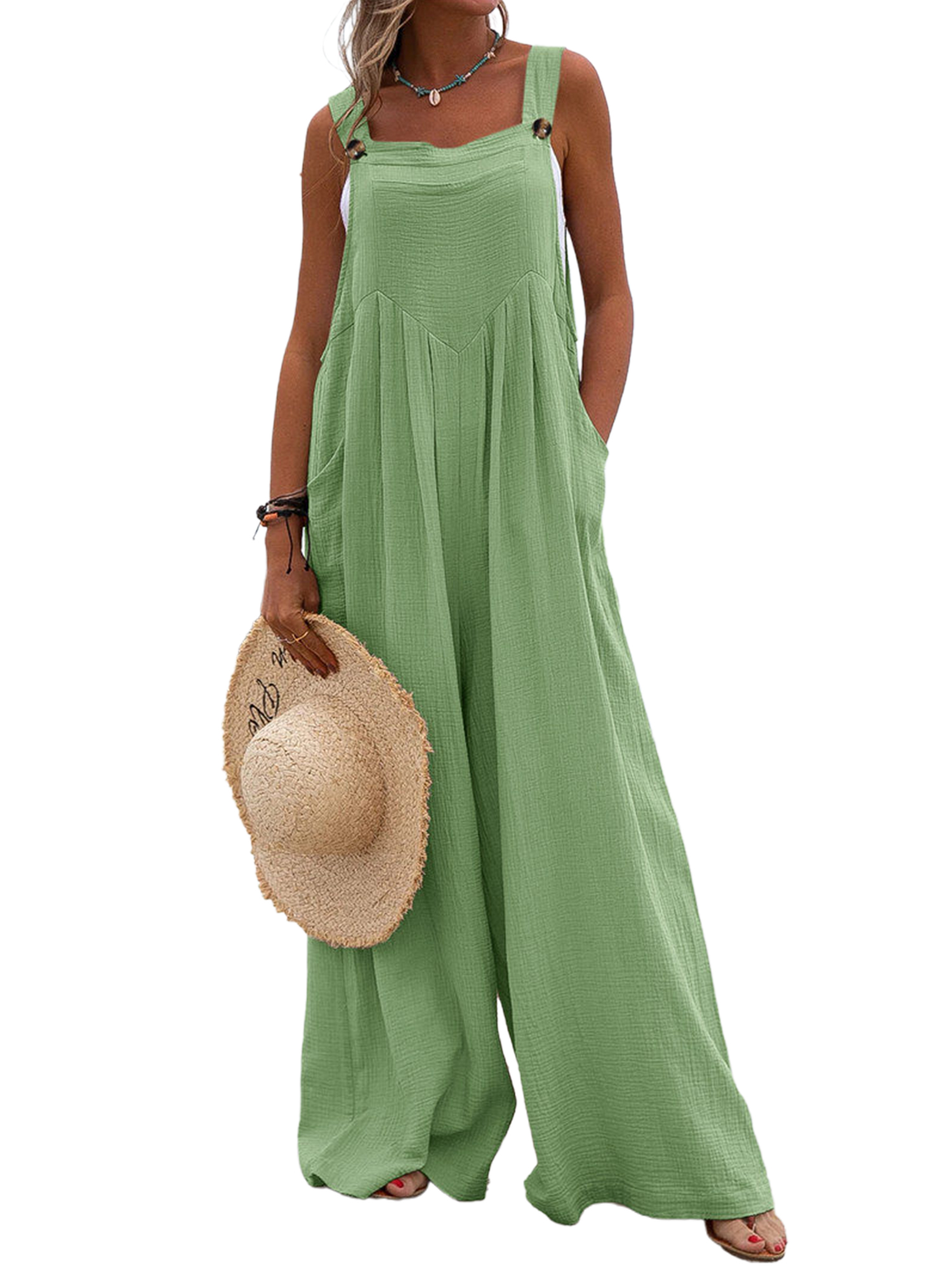 Innerwin Jumpsuits One Piece Ladies Playsuit Summer Sleeveless Loose Romper Green M