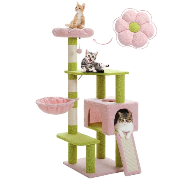 PAWZ Road Arbre à Chat en Fleurs de 47 Pouces avec Poteau à Griffer en Sisal, Mignon Condo pour Chat d'Intérieur de Taille Moyenne, Rose