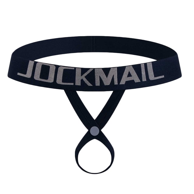 HKEJIAOI Mens Underwear O-Ring Strap Jockstrap Low Rise G-String Briefs in black, size S. Features a high-elastic waistband with 'JOCKMAIL' branding, an O-ring design, and open back for a bold and stylish look. Made from breathable, soft nylon fabric for comfort. Suitable for nightwear, stage performances, or intimate occasions.