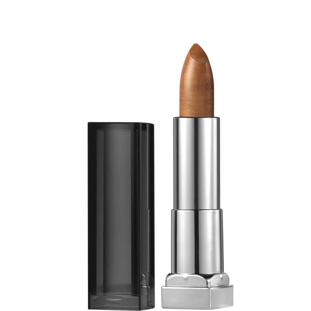 Maybelline New York Color Sensational® Matte Metallics lipstick, 0.15 oz, open with a metallic earth tone bullet in a silver tube and black translucent cap, featuring a creamy matte texture, brilliant metallic finish, and honey nectar infusion for comfort.