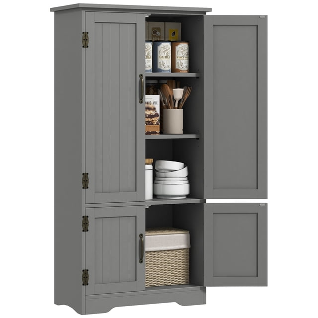 HOMCOM Garde-Manger de Cuisine de 48 Pouces en Gris, Comprenant une Armoire de Rangement Haute avec Quatre Portes et des Tablettes Ajustables. la section Supérieure Comprend Deux Tablettes Ajustables et Amovibles pour un Rangement flexible, pendant Que la section Inférieure Offre un Espace Supplémentaire pour l'Organisation. Fabriquée en MDF et Panneau de Particules, Cette Armoire Convient aux Cuisines, porches, Salles de Bain Ou Salles d'Outils. l'Armoire Comprend un Dispositif Anti-Basculement pour une Sécurité Accrue et a une Capacité de Charge de 110 Lb (50 kg).