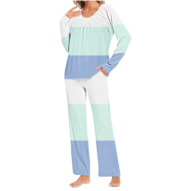 Yuyuzo Womens Pajama Sets 2 Piece Color Block Long Sleeve Crew Neck Tops Lounge Pants with Pockets