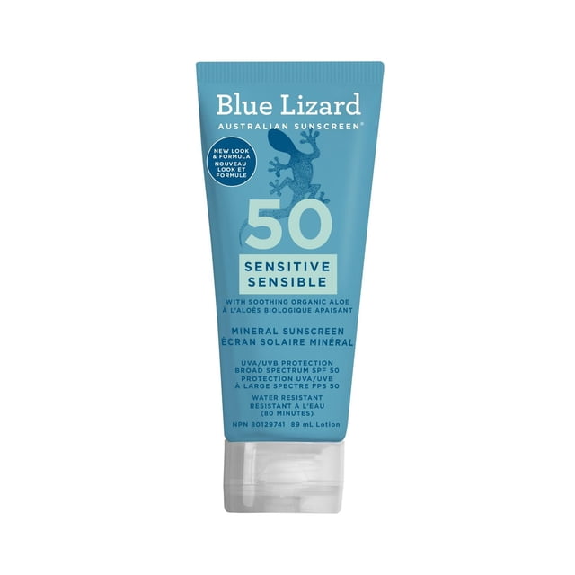 Blue Lizard Mineral Sunscreen Sensitive SPF50 in a blue travel-size tube with clear flip cap, featuring a lizard logo and text indicating broad spectrum UVA/UVB protection, water resistance for 80 minutes, soothing organic aloe, and a formula for sensitive skin, ideal for travel and daily sun protection.