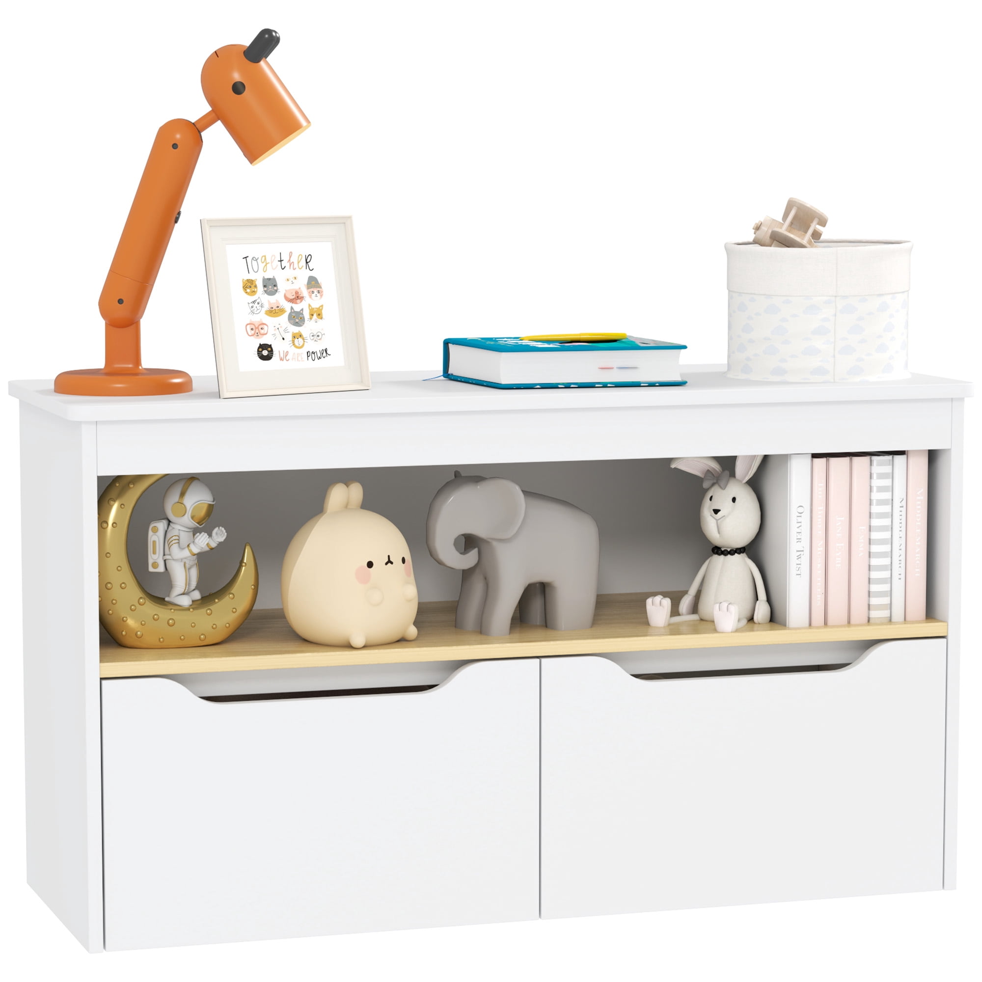 Qaba Kids Bookshelf with 2 Drawers, Large Tabletop, Storage Shelf, White