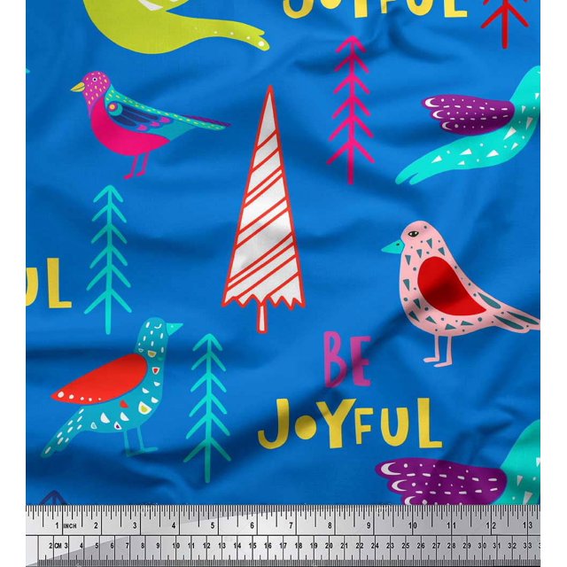 Soimoi Blue Rayon Fabric Text & Bird Artistic Fabric Prints By Yard 42 Inch Wide