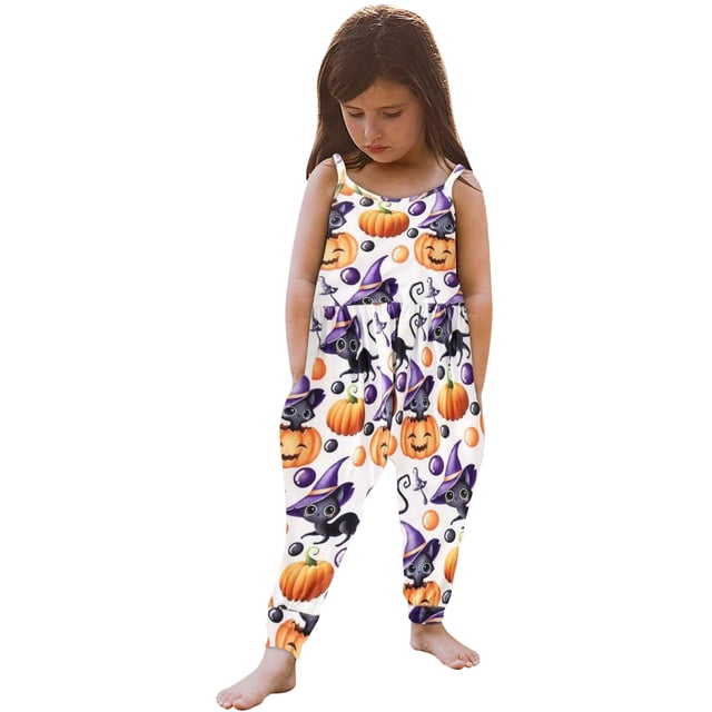 EGNMCR Rompers for Kids Toddler Baby Girl Jumpsuits Summer Printing Strap Romper Pants With Pockets Kid Rompers