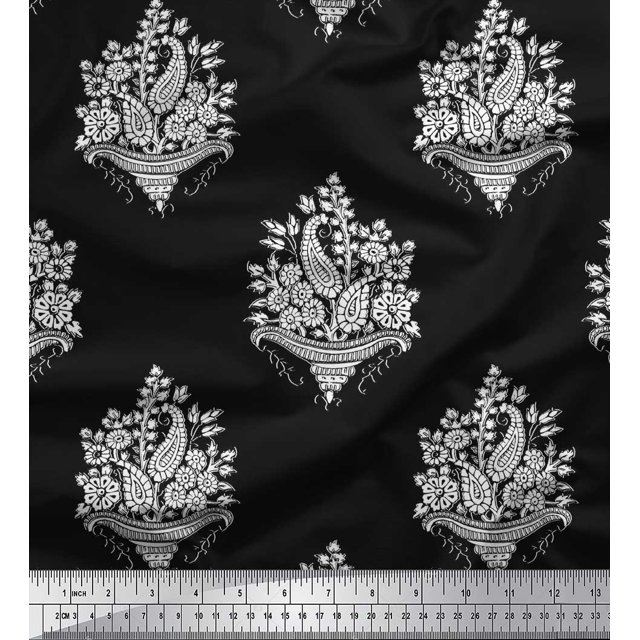 Soimoi Polyester Crepe Fabric Leaves,Floral & Paisley Block Print Fabric by Yard 52 Inch Wide