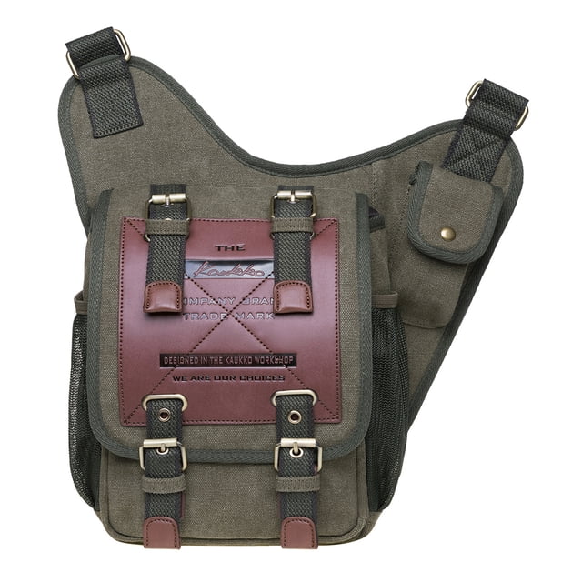 Mens Vintage Canvas Shoulder Messenger Bag in 03GREEN color with leather patchwork accents. Features a durable 16oz eco-friendly canvas material, decorative leather details, and strong magnetic buckles on the front flap. Includes multiple compartments: one main bag, a mini iPad/tablet compartment, two inner pockets, one front pocket, one side pocket, and a small pocket near the strap. Adjustable padded shoulder strap ranging from 55cm to 120cm for comfort. Suitable for school, travel, hiking, or daily use.