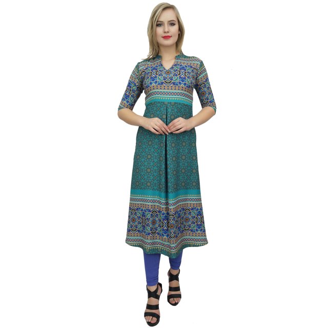 Bimba Tunique de Créatrice pour Femme Vert Sarcelle Imprimée, Kurti Ligne A, Kurta, Robe-8