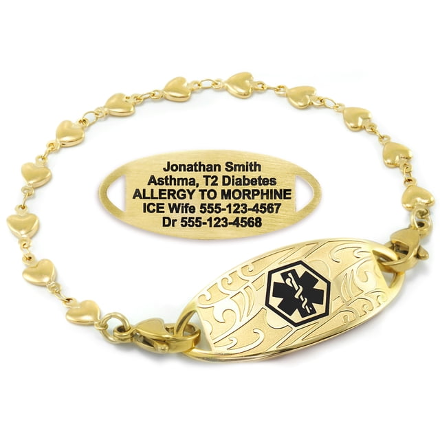 MedicEngraved Yellow Gold Stainless Steel Custom Medical Alert Bracelet - 5mm Heart Link