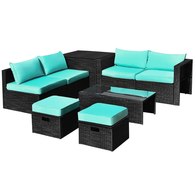 Patiojoy 8PCS Patio Conversation Set Sectional Sofa Set with black all-weather PE rattan, turquoise washable cushion covers, and a tempered glass coffee table. This outdoor sectional sofa set includes two corner sofas, two armless sofas, two ottomans, a storage box, and a waterproof cover, ideal for patio or backyard use.