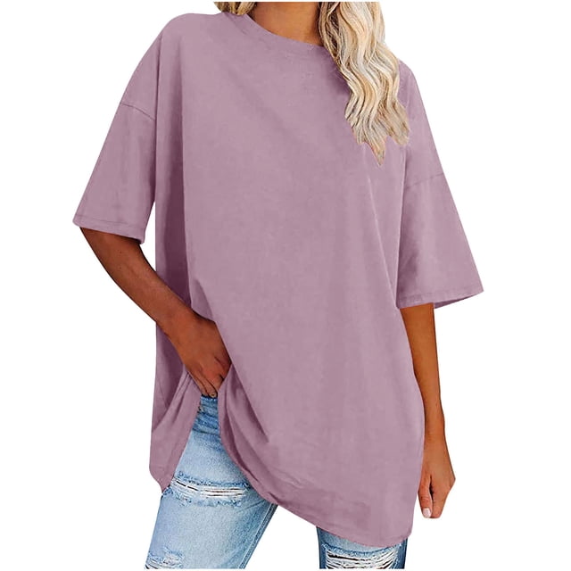 Plebaso T-Shirts Surdimensionnés pour Femmes 2025 Manches Courtes Hauts Amples Col Rond Décontracté Uni T-Shirts Basiques pour Femmes