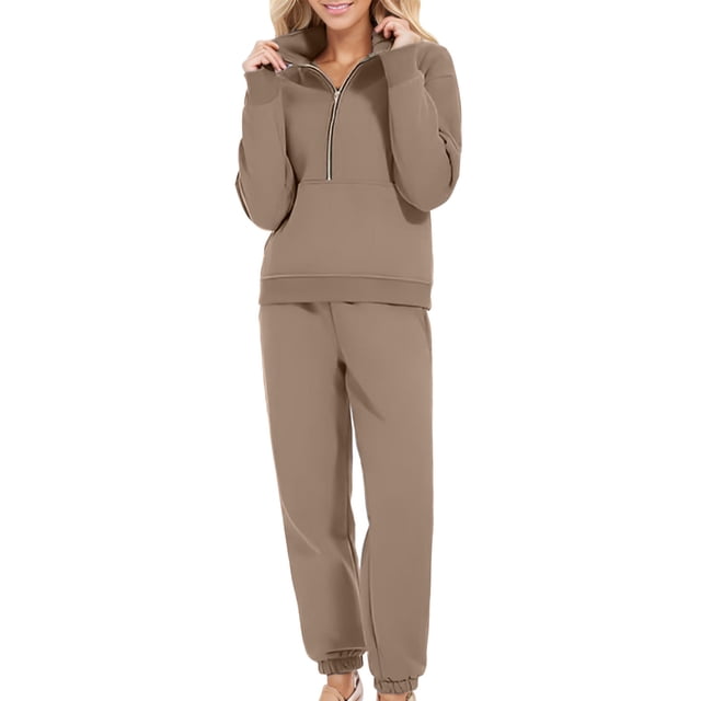 Timegard Ensemble de Survêtement 2 Pcs pour Femmes, Tenue à Demi-Glissière, Col en V, Chandail à Manches Longues, Pantalon de Survêtement à Bas Resserré, Ensembles d'Entraînement