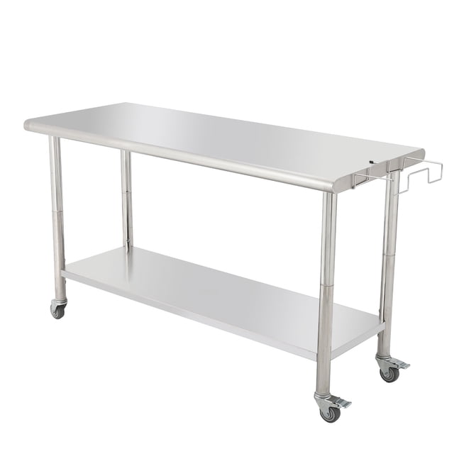 NSF Stainless Steel Work Table with Wheels - 60x24x35 Inch - Removable Trash Rack, Adjustable Undershelf, Curved Edge, Without Backstop, For Kitchen, Restaurant & Outdoor