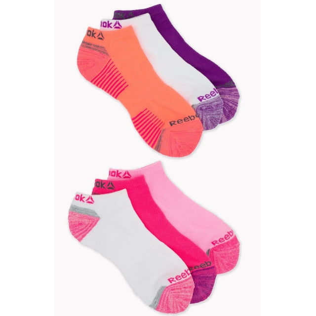 Reebok Chaussettes Basses pour Filles, Lot de 6, en Deux Ensembles de Trois Paires, Présentant des Couleurs Assorties Incluant Violet, Blanc, orange, Rose et fuchsia, avec silhouette Basse, logos de Marque sur les Poignets, et Talon et Orteil Renforcés, Idéales pour les Tenues Décontractées et Sportives des Filles et Convenant au Confort Quotidien.