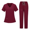 thumbnail image 1 of Nfurl Ensemble d'Uniforme d'Infirmière pour Femmes, 2 Pcs, Hauts à Manches Courtes à Col en V avec Cordon de Serrage, Pantalon à Taille Élastique, Uniforme d'Infirmière, Ensemble Assorti, Bourgogne G, 1 of 4