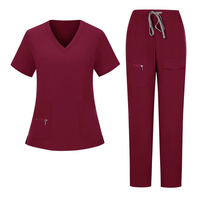 Nfurl Ensemble d'Uniforme d'Infirmière pour Femmes, 2 Pcs, Hauts à Manches Courtes à Col en V avec Cordon de Serrage, Pantalon à Taille Élastique, Uniforme d'Infirmière, Ensemble Assorti, Bourgogne G
