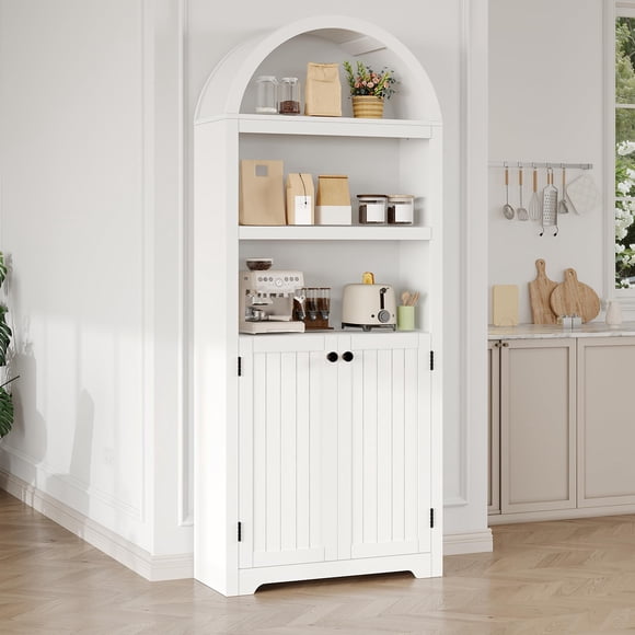 GloryStar 72'' Tall Arched Cabinet, 5 Tier Arched Bookshelf with Double Doors & Adjustable Shelf, Wooden Bookcase with Storage for Living Room, Bedroom, Study, Kitchen, Home Office