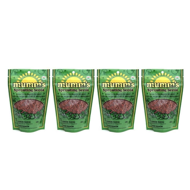 Daikon Radis, Lot de 4 - Graines de Germination Mumm's avec Quatre Pochettes Vertes Refermables Présentant un logo Soleil Jaune, Chacune Contenant 100 g de Graines de Radis Biologiques, non-OGM pour Germination en 4-5 Jours, Idéal pour Cultiver des Micro-Pousses Fraîches et des Petits Verdures dans des Germoirs de Jardin.