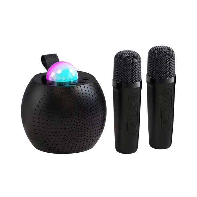Birdeem Speaker Microphone Wireless Portable Karaoke Be Made One Machine Bluetooth Speaker Home Karaoke Gift. The image features a black portable Bluetooth speaker with a perforated surface and a glowing multicolored LED dome on top, paired with two black wireless microphones with integrated control buttons. This karaoke system supports Bluetooth 5.0, includes a built-in battery with a capacity of 1000mAh to 1200mAh, and offers customizable sound effects and tone adjustments. Ideal for home karaoke or gifting purposes.