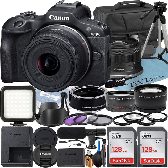 Canon EOS R100 Mirrorless Camera with RF-S 18-45mm Lens + 2 Pack 128GB Memory Card + Case + ZeeTech Accessory
