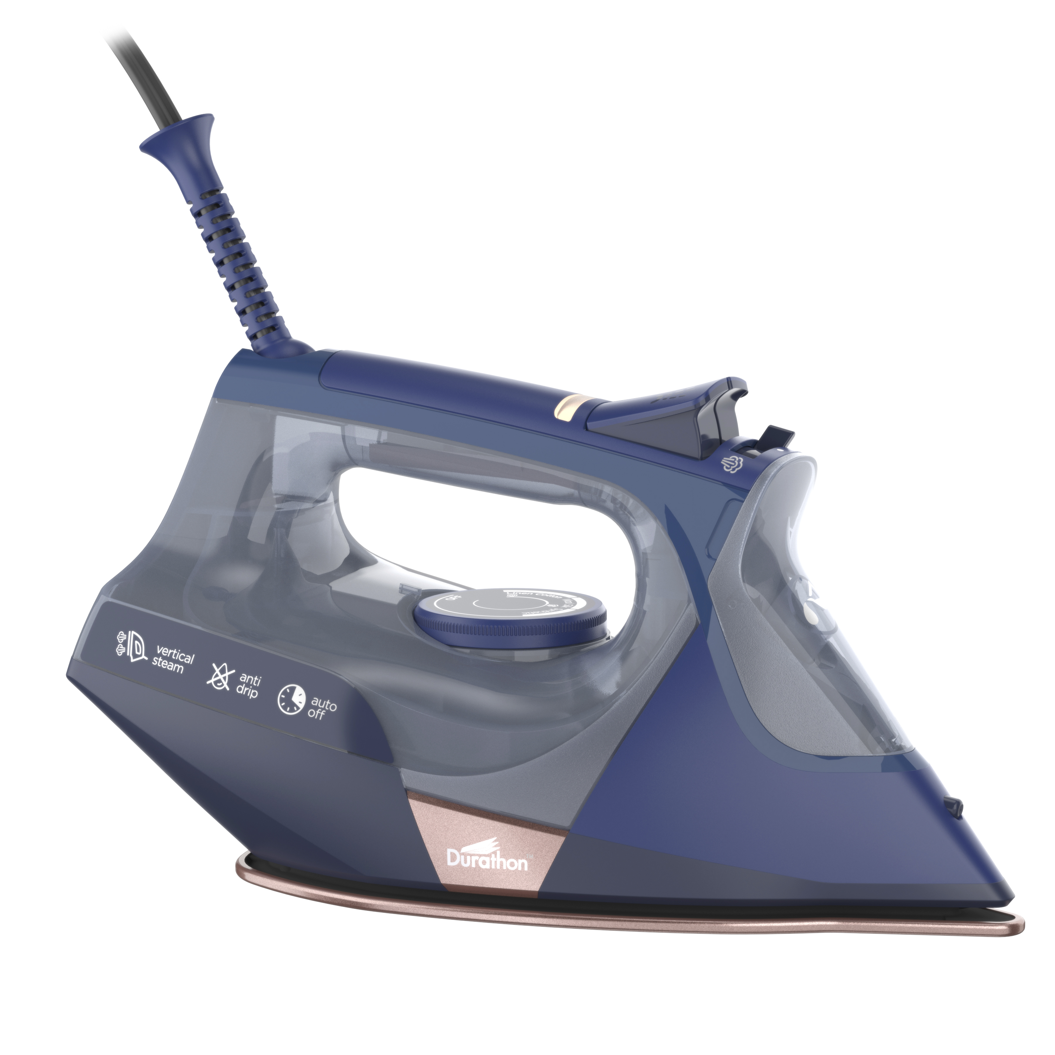 Fer à vapeur Durathon de Hamilton Beach avec semelle antiadhésive, plus de 400 trous de vapeur, arrêt automatique, système antigoutte, cordon extra long, 1 500 W, bleu marine