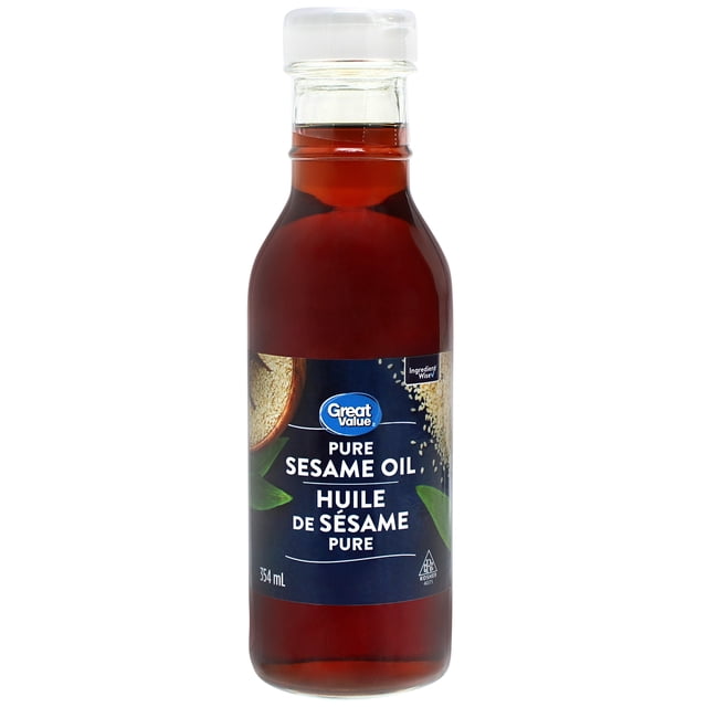 Great Value Huile de Sésame Pure dans une Bouteille en Verre Transparent de 354 ml avec Bouchon Blanc, Contenant de l'Huile d'Ambre et une Étiquette Bilingue Bleue Mettant en Vedette des Graines de Sésame et des Feuilles Vertes, Certifiée Casher et Ingrédient Sage, Convient pour Rehausser les Recettes du Garde-Manger.